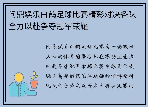 问鼎娱乐白鹤足球比赛精彩对决各队全力以赴争夺冠军荣耀
