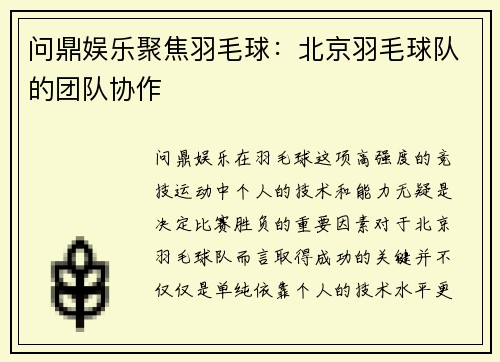 问鼎娱乐聚焦羽毛球：北京羽毛球队的团队协作
