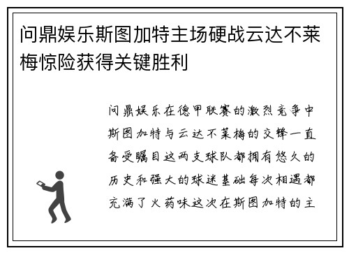 问鼎娱乐斯图加特主场硬战云达不莱梅惊险获得关键胜利